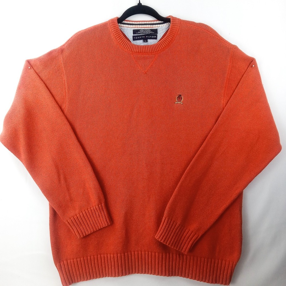TOMMY HILFIGER Sweater Crewneck Knit Crest Logo Men's Large Orange Vintage